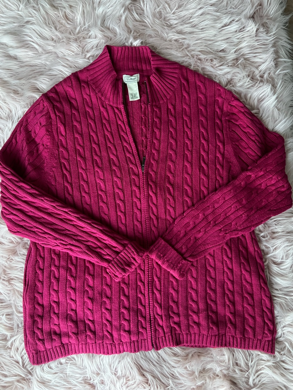 L.L. Bean Cable-Knit Zip-Front Sweater in Fuchsia XL 100% Cotton